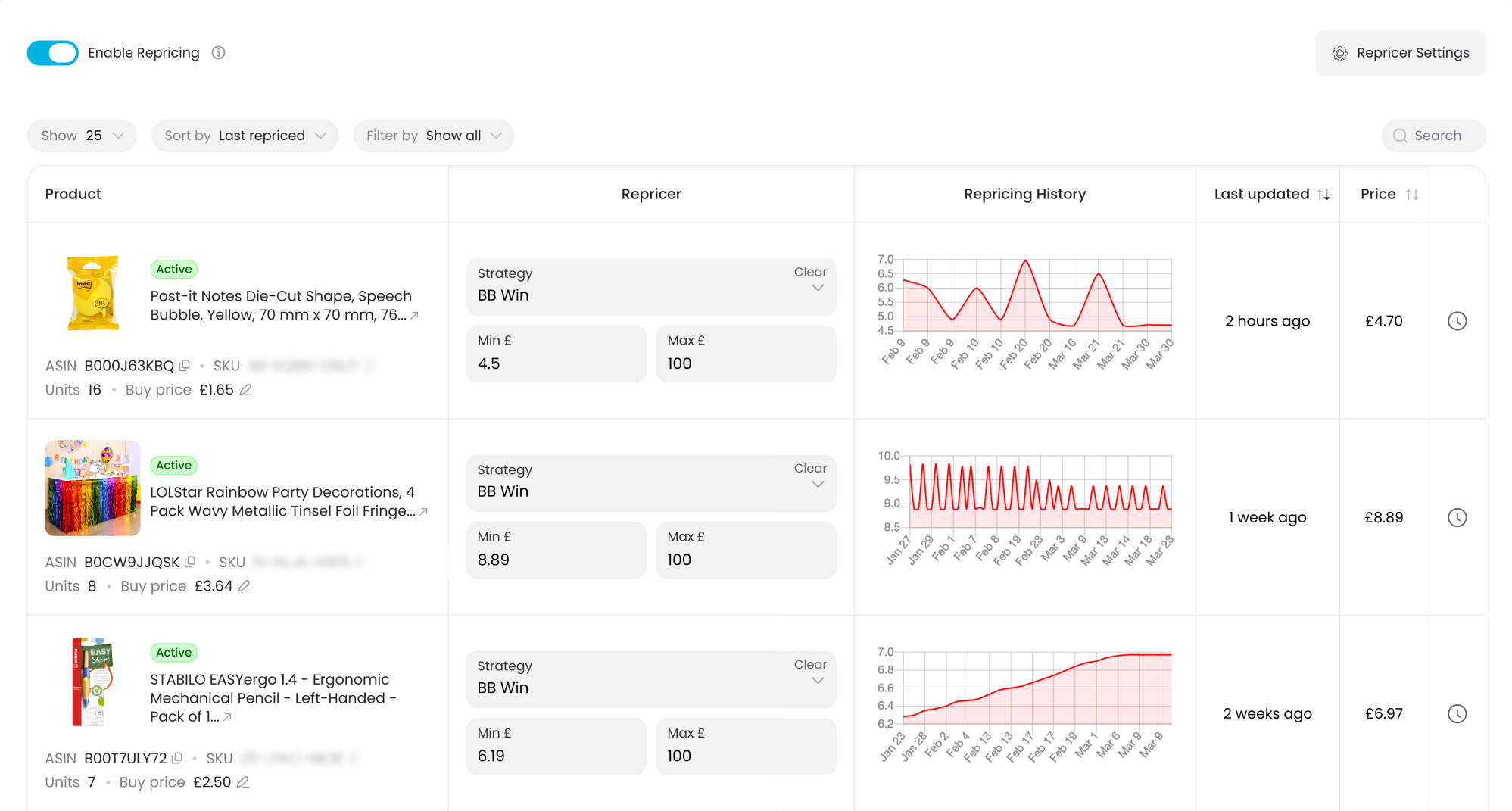Arbitrage Hero repricer dashboard
