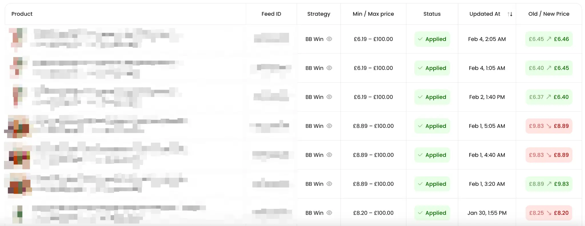 Arbitrage Hero repricing history table showing applied repricer changes and old vs new prices