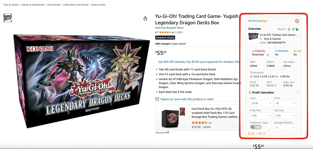 Arbitrage Hero Chrome extension opened on an Amazon listing to validate profitability