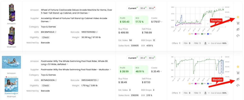 Blacklist and Favorites features in Online Arbitrage results to manage deal lists