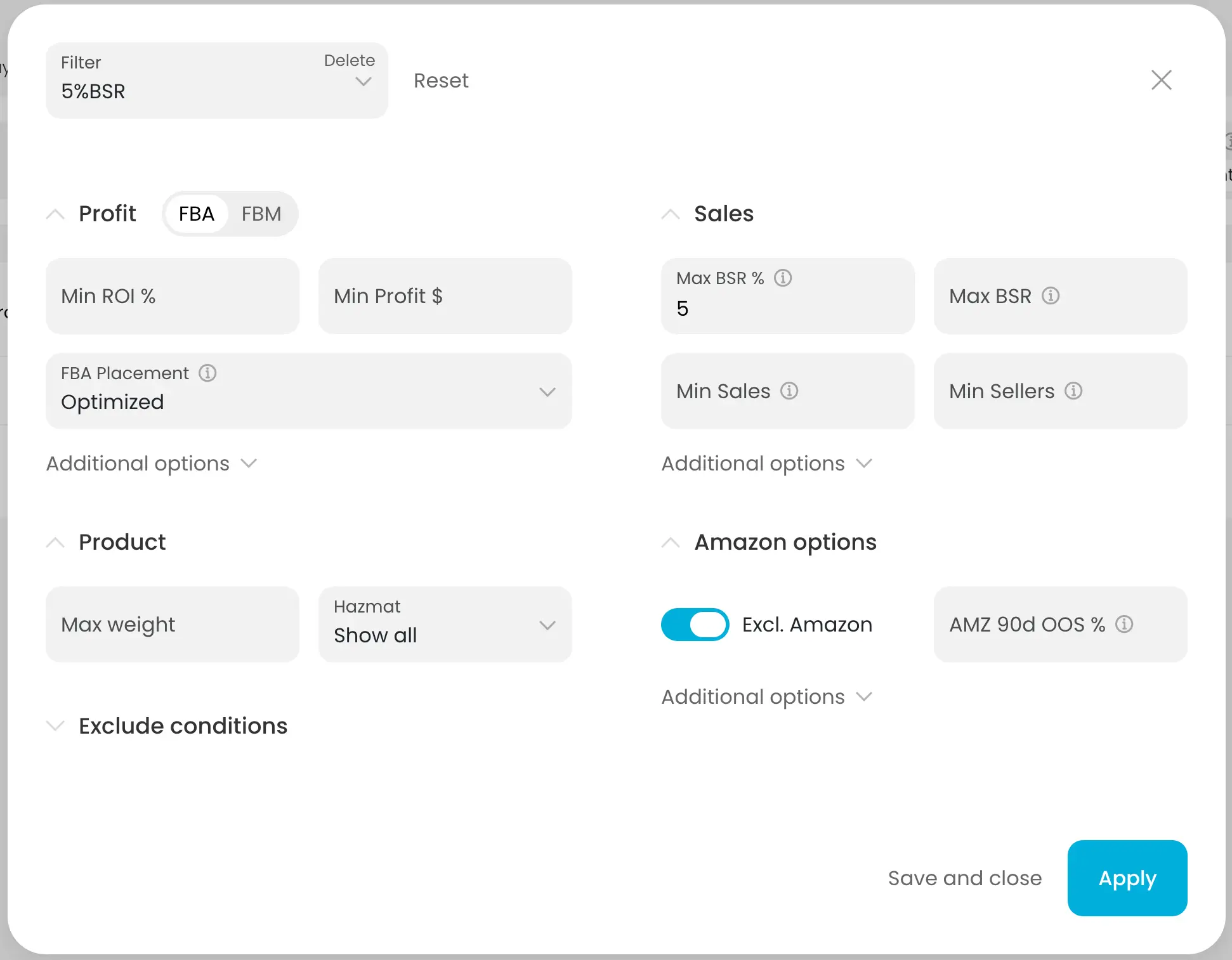 Online Arbitrage filters panel showing ROI profit sales rank and saved preset options