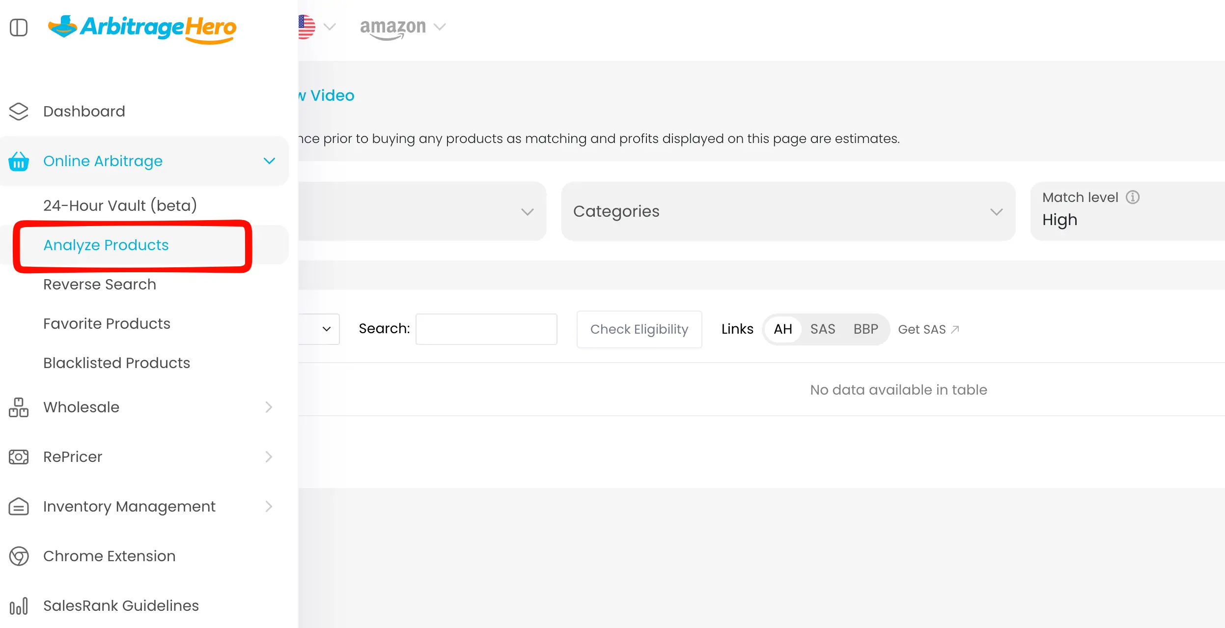 Arbitrage Hero Online Arbitrage module opened from the left menu
