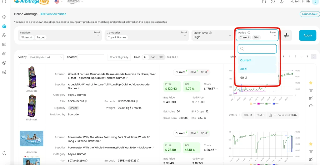 Profitability period selector showing Current 30d and 90d in Amazon Online Arbitrage
