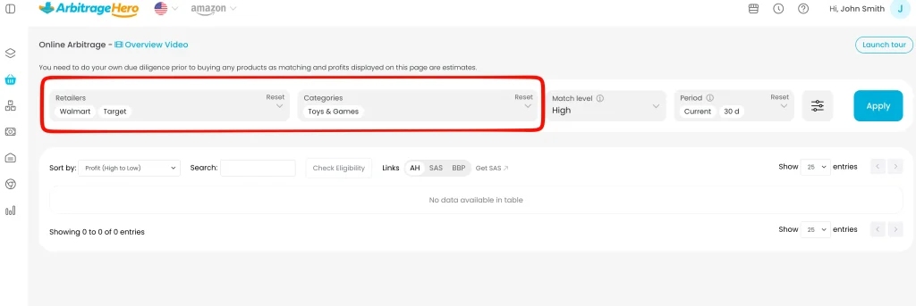 Online Arbitrage set to Walmart and Target retailers with Toys and Games category